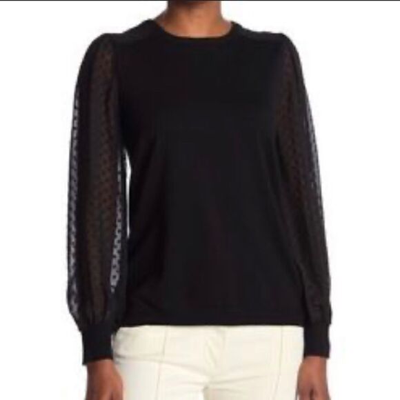 Adrianna Papell Crewneck Sweater Shear Sleeves Gold Polka Dots Size S - Picture 2 of 16